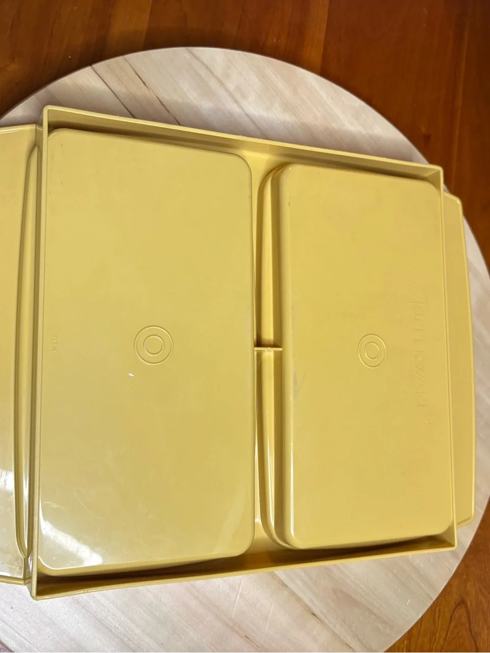vintage Tupperware Harvest Gold deviled egg keeper and carrier set (model #723).